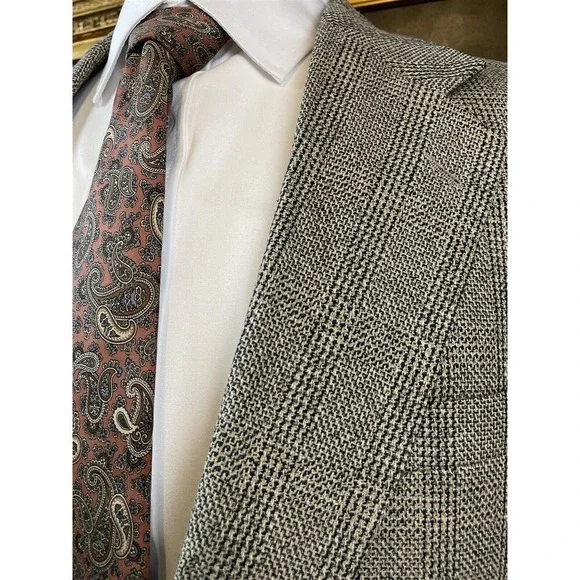 VTG Oscar De La Renta 44R Silk & Wool Tweed Black White Check 2Btn Blazer Jacket